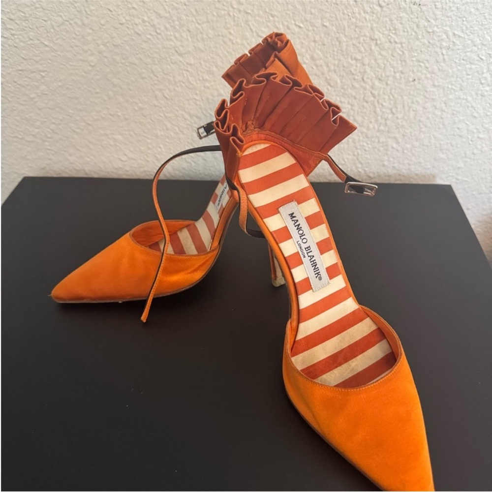 Manolo Blahnik Orange Stiletto Heels with Ankle Strap